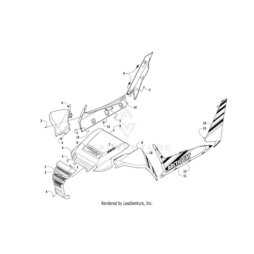 Exploded diagram of the Hood Decal Side (Arctic Cat) by Arctic Cat, featuring labeled sections and numbered callouts to identify body panel parts and assist with assembly.