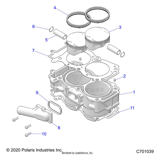 An Image of a Genuine Polaris Parts Schematic Diagram showing the schematic - ENGINE: CYLINDER AND PISTON - 2023 POLARIS RZR XP 1000 PREMIUM