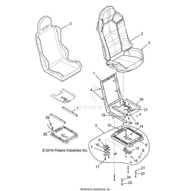 An Image of a Genuine Polaris Parts Schematic Diagram showing the schematic - BODY: SEAT ASM. AND SLIDER - 2015 POLARIS RZR XP 1000