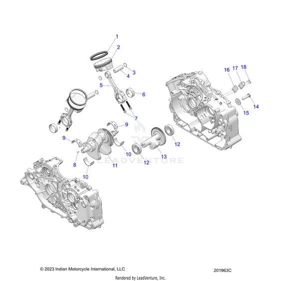 Exploded diagram of a motorcycle engine crankcase assembly, featuring OEM parts like the Polaris Gear Balance Shaft Drive, crankshaft, connecting rod, seals, bearings, and housing—each part is clearly numbered and arranged for clarity.