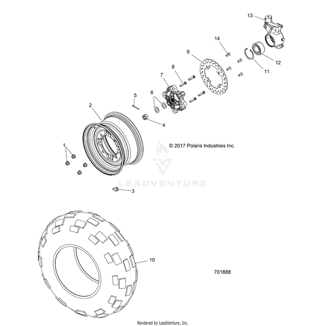 An Image of a Genuine Polaris Parts Schematic Diagram showing the schematic - WHEELS: FRONT - 2018 POLARIS RZR 570