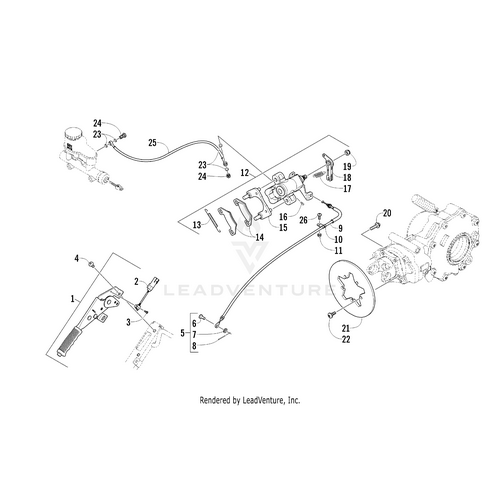Exploded diagram of a motorcycle or ATV brake system with labeled parts—including levers, master cylinder, cables, springs, brake assembly, and the Arctic Cat Machine Screw—each component numbered for easy identification.
