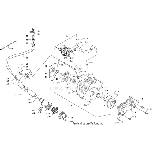 Exploded diagram of a mechanical assembly with numbered parts, including the Housing Cover-Waterpump by Arctic Cat, plus bolts, gaskets, hoses, and connectors—ideal for easy part identification and assembly reference.