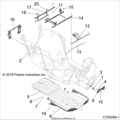 An Image of a Genuine Polaris Parts Schematic Diagram showing the schematic - CHASSIS: MAIN FRAME AND SKID PLATES - 2021 POLARIS RZR RS1 EPS