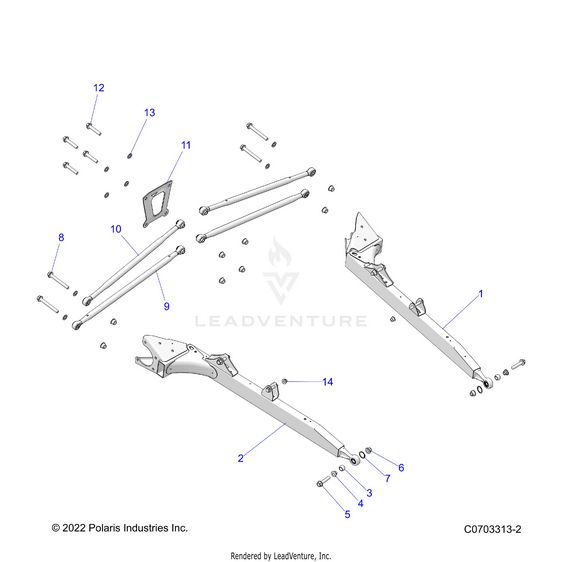 An Image of a Genuine Polaris Parts Schematic Diagram showing the schematic - SUSPENSION: REAR CONTROL ARMS - 2023 POLARIS RZR XP 1000 PREMIUM