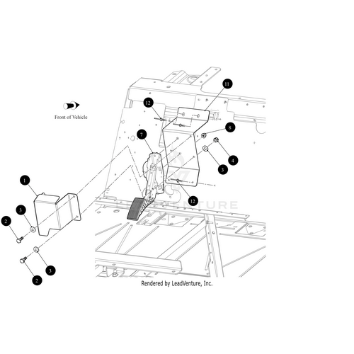 Black-and-white technical diagram of the Accelerator Pedal Bracket Cover by Arctic Cat installed on a vehicle frame, with numbered OEM parts and connecting lines. Front of Vehicle is labeled in the top left corner.