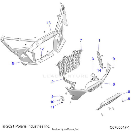 An Image of a Genuine Polaris Parts Schematic Diagram showing the schematic - BODY: FRONT BUMPER - 2021 POLARIS RZR PRO XP ULTIMATE ROCKFORD LE