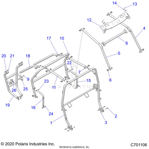 An Image of a Genuine Polaris Parts Schematic Diagram showing the schematic - CHASSIS: CAB FRAME - 2020 POLARIS RZR S 4 1000