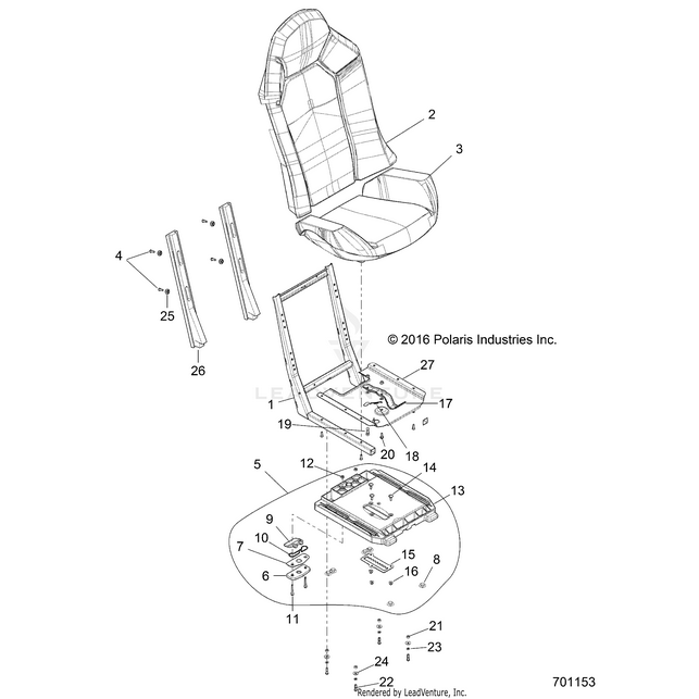 An Image of a Genuine Polaris Parts Schematic Diagram showing the schematic - BODY: SEAT ASM. AND SLIDER - 2017 POLARIS RZR 4 900