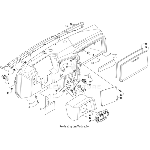 Line drawing of a vehicle dashboard assembly with numbered parts, including the Arctic Cat Glovebox Door W/ Seal (Inc. 22), instrument cluster, switches, trim panels, and fasteners for OEM Arctic Cat part identification and installation.