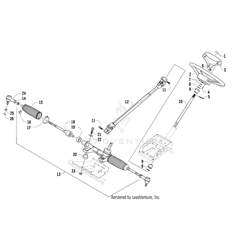 Exploded diagram of a vehicle steering system highlights parts like the Hex Nut-M12X1.5 Z & C by Arctic Cat, with labeled numbers for easy OEM Arctic Cat parts identification at Witchdoctors.com.