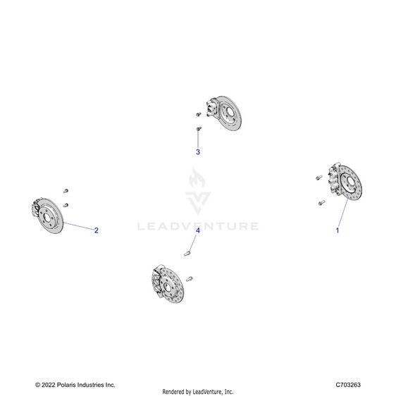 An Image of a Genuine Polaris Parts Schematic Diagram showing the schematic - BRAKES: CALIPER MOUNTING AND ROTORS - 2024 POLARIS RZR PRO R 4 PREMIUM