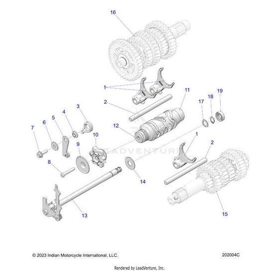 Exploded diagram of a motorcycle transmission assembly, featuring numbered parts—including gears, shafts, forks, and Shift Drum 6 Speed | [From 2/25/25] by Polaris—all labeled for identification with genuine Polaris OEM Parts.