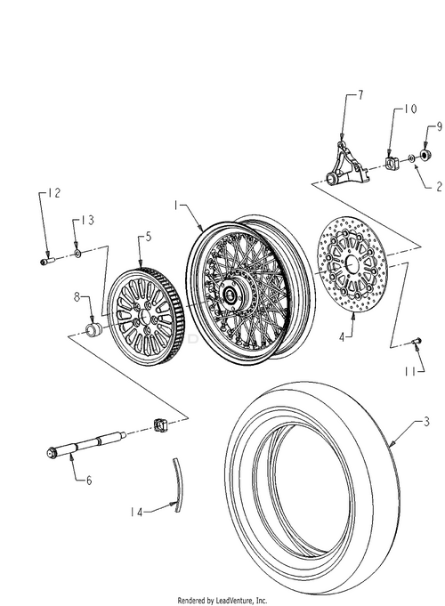 Exploded diagram of a motorcycle wheel assembly with a Tire Rear Whitewall by Polaris, rim, spokes, bolts, axle, and OEM parts—each component separated and numbered for easy identification.