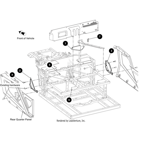 Exploded diagram showing installation of the Seat Belt Anchor Cover Left Black by Arctic Cat on a vehicle frame. Parts, including the cover, existing hardware, and brackets, are numbered; an arrow marks the vehicle front.