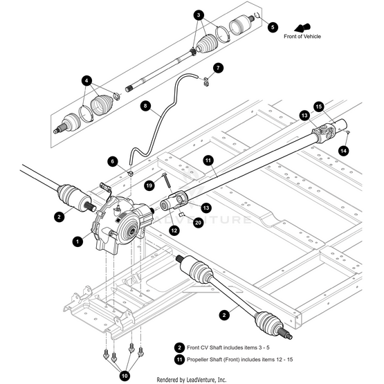 Exploded diagram of a front axle assembly for Arctic Cat vehicles, showing labeled parts like CV shafts, propeller shaft, differential, and frame—ideal for Wildcat, Prowler, Alterra owners using the Arctic Cat CV Boot Kit—with arrows and numbered references.