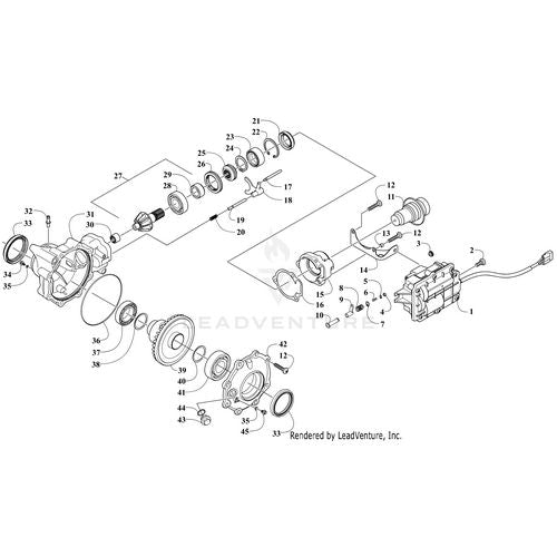 Exploded technical diagram of a mechanical assembly with numbered parts—including gears, shafts, Ball Bearing-Double Row by Arctic Cat, housing, bolts, and electrical connectors—arranged for detailed identification and OEM Arctic Cat parts reference.