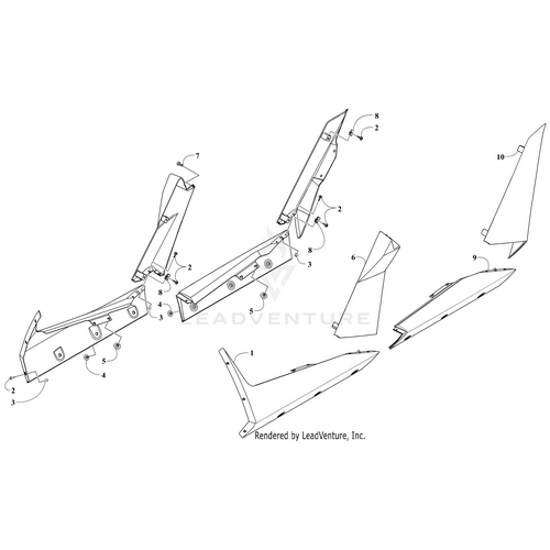 A technical diagram displays labeled, disassembled parts of the Side Panel - Upper Front - Right - Black by Arctic Cat, with each piece numbered and bolts or fasteners indicated for authentic OEM assembly.