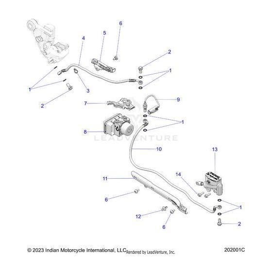 Technical line drawing of a Polaris Module Abs Mp9.3 Wet braking system, showing numbered components like hoses and bolts, each clearly labeled for identification in an exploded Polaris OEM Parts diagram.
