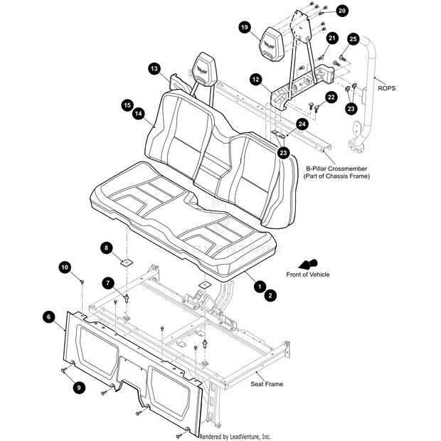 Exploded diagram of a Havoc X seat assembly, highlighting parts like headrests, seat cushions, bolts, B-pillar crossmember, and the Seatback Support Left Bal Brz-Weld (For Havoc X Models Only) by Arctic Cat with arrows showing assembly—OEM parts featured.