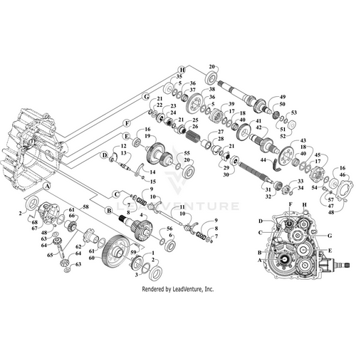 Exploded diagram of the Cam D-2 by Arctic Cat, showing numbered gearbox parts, shafts, OEM components, gears, bearings, and housing groups with labeled breakdowns for reference and repair.