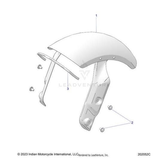 Exploded diagram of the Fender Front 101 Sunredmet [Sunset Red Metallic] by Polaris with labeled parts: main fender (1), bracket (2), and mounting bolts (3); genuine OEM components shown separated for clarity.