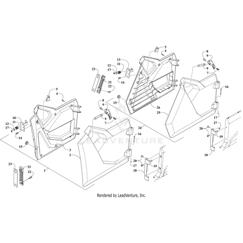 Exploded diagram of vehicle door panels and hardware shows internal and external parts, including latches, handles, screws, and the Door Bracket - Rear - Right by Arctic Cat, with numbered labels for easy OEM part assembly reference.