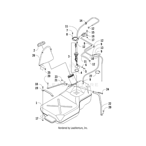 Diagram of a Wildcat Prowler Alterra fuel tank assembly, showing labeled parts like the fuel cap, hoses, Gas Tank Strap by Arctic Cat, tank, mounting brackets, and numbered callouts for each OEM part.