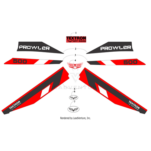 The Decal Textron Off Road by Arctic Cat is designed for the Prowler 500, with red, black, and white graphics featuring Textron and Prowler logos, wing emblems, the number 500, and OEM-inspired Arctic Cat styling.
