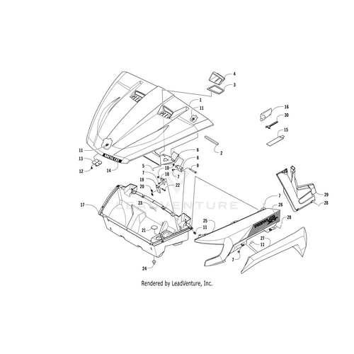 Exploded diagram of an Arctic Cat Hood Decal Prop and nearby panels, displaying individual OEM Arctic Cat parts—fasteners, trim, and structural items—each numbered for easy identification.