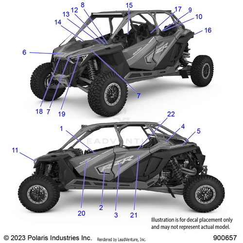 An Image of a Genuine Polaris Parts Schematic Diagram showing the schematic - BODY: DECALS - 2023 POLARIS RZR PRO R 4 ULTIMATE TROY LEE DESIGNS