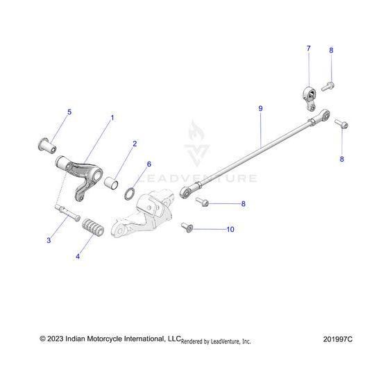 Technical diagram of Linkage Shifter Forward by Polaris with genuine Indian Motorcycle OEM parts. Numbered 1–10, the exploded view details brackets, screws, and bolts for assembly reference.