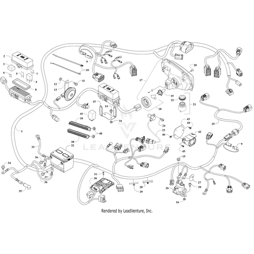 A detailed black and white diagram showing automotive electrical components, connectors, wires, and numbered parts for the Alarm Reverse by Arctic Cat, illustrating its wiring harness assembly with OEM Arctic Cat parts.
