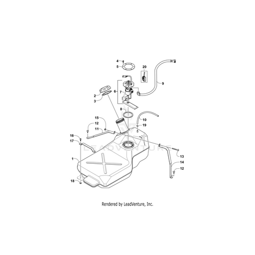 Exploded diagram of an Arctic Cat UTV fuel tank assembly showing individual parts such as the tank, straps, clamps, OEM Arctic Cat parts, and the Gasline Hose by Arctic Cat, each labeled with a number for easy identification.