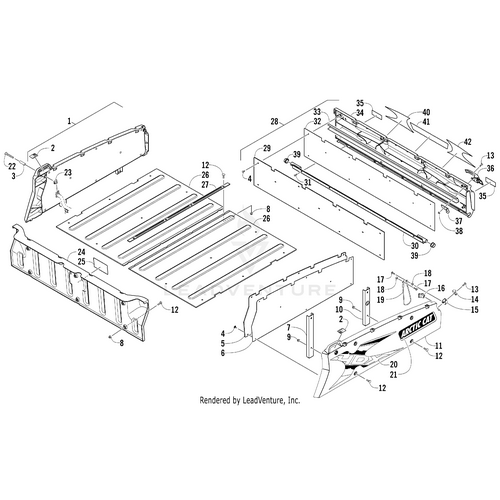 Exploded diagram labeling each part of a vehicle’s roof assembly, including Side Decal-Rear-Left (Camo) (Arctic Cat) by Arctic Cat. Each OEM Arctic Cat part, including numbered panels, supports, brackets, hardware, and rear section is shown.