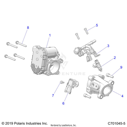An Image of a Genuine Polaris Parts Schematic Diagram showing the schematic - ENGINE: THROTTLE BODY AND FUEL RAIL - 2020 POLARIS RZR 570