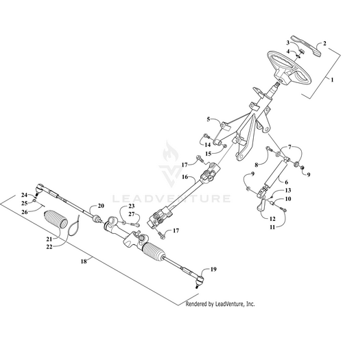 Exploded diagram of a vehicle steering system, like that on an Arctic Cat UTV, labeling parts such as the steering wheel, column, joints, Boot Rack And Pinion (Rb 0505-745) by Arctic Cat, boots, and connecting rods for reference.