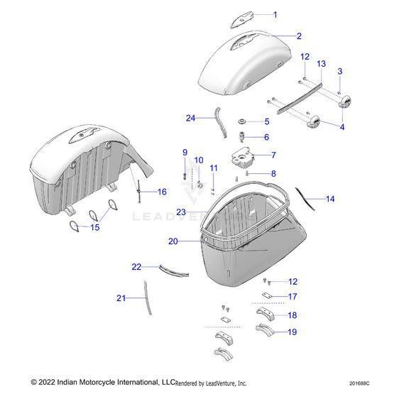 Exploded diagram of the Lid Saddlebag RH Sqzmmrnm (Maroon Metallic/Silver Quartz Metallic) by Polaris, showing each OEM part—case, lid, brackets, locks, and hardware—clearly labeled for easy identification.