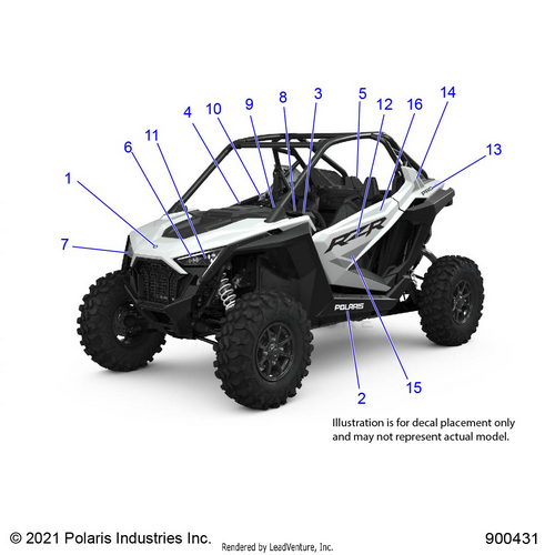 An Image of a Genuine Polaris Parts Schematic Diagram showing the schematic - BODY: DECALS - 2022 POLARIS RZR PRO XP SPORT EVAP