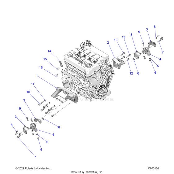 An Image of a Genuine Polaris Parts Schematic Diagram showing the schematic - ENGINE: MOUNTING & LONG BLOCK - 2023 POLARIS RZR PRO R ULTIMATE TROY LEE DESIGNS