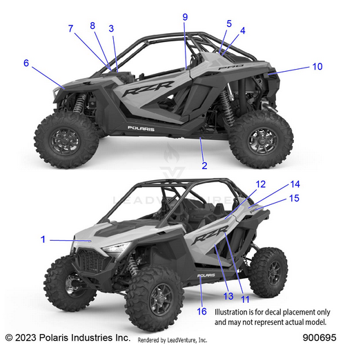 An Image of a Genuine Polaris Parts Schematic Diagram showing the schematic - BODY: DECALS - 2024 POLARIS RZR PRO XP SPORT