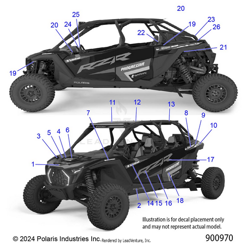 An Image of a Genuine Polaris Parts Schematic Diagram showing the schematic - BODY: DECALS - 2025 POLARIS RZR PRO R 4 RACE REPLICA LE EVAP