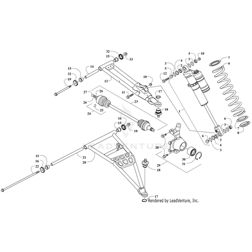 Exploded diagram of a vehicle suspension assembly with labeled parts like control arms, coil spring, bushings, and fasteners—including the OEM Arctic Cat Front Shock (Elka), available as dealer serviced only by Arctic Cat.