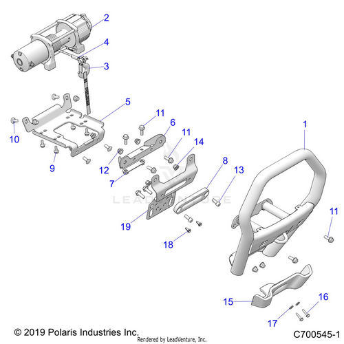 An Image of a Genuine Polaris Parts Schematic Diagram showing the schematic - ACCESSORY: FRONT BUMPER W/WINCH - 2019 POLARIS RZR XP 1000