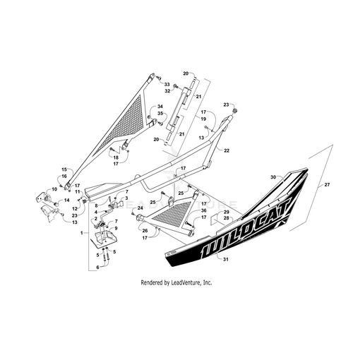 Exploded diagram of Arctic Cat UTV body parts, showing side panels, mesh inserts, brackets, fasteners, and the Door Decal-Lower-Right (Vb) by Arctic Cat. Each OEM part is numbered for easy identification.
