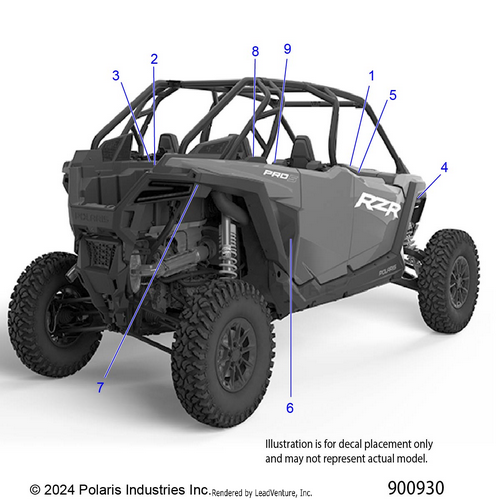 An Image of a Genuine Polaris Parts Schematic Diagram showing the schematic - BODY: DECALS STANDARD - 2025 POLARIS RZR PRO S 4 PREMIUM