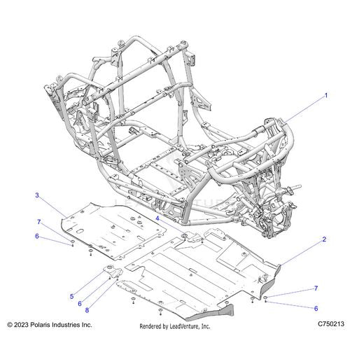 An Image of a Genuine Polaris Parts Schematic Diagram showing the schematic - CHASSIS: MAIN FRAME AND SKID PLATES - 2026 POLARIS RZR PRO R LE