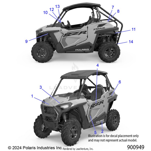 An Image of a Genuine Polaris Parts Schematic Diagram showing the schematic - BODY: DECALS - 2025 POLARIS RZR 900 TRAIL ULTIMATE