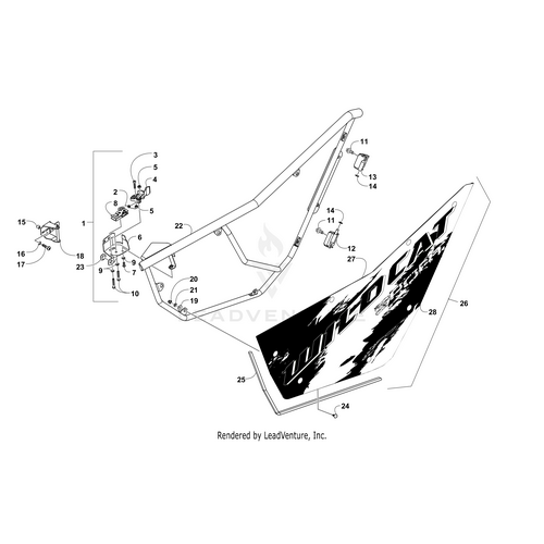 Line drawing diagram of vehicle frame and side panels, each part numbered, including screws, brackets, and the Arctic Cat Door Panel W/Decals-Bm-Right(Spt Ltd 2016) (Inc. 27-28), featuring a large WILDCAT side decal.