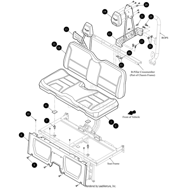 Exploded diagram of a vehicle’s rear seat shows cushions, headrests, frames, and OEM Arctic Cat parts in Inferno Red—including the Seat Back Stitched Inferno Red by Arctic Cat—with arrows indicating each part’s fit on the chassis frame.